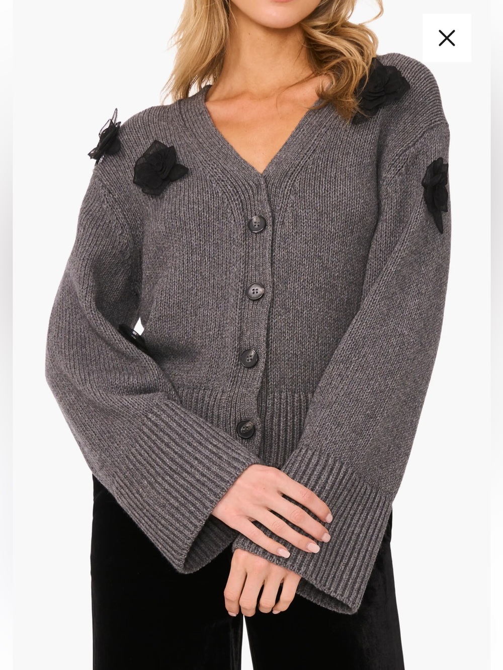 Ted Baker Mesh Floral Appliqué Button-Front Cardigan Grey size medium.